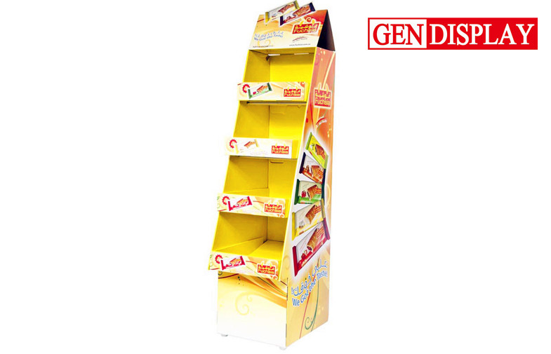 Snacks FSDU Paper Cardboard Display Stand With Yellow 4 Shelves